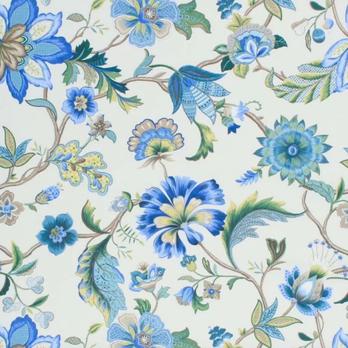 Ink Blue Jacobean Floral Toile Fabric